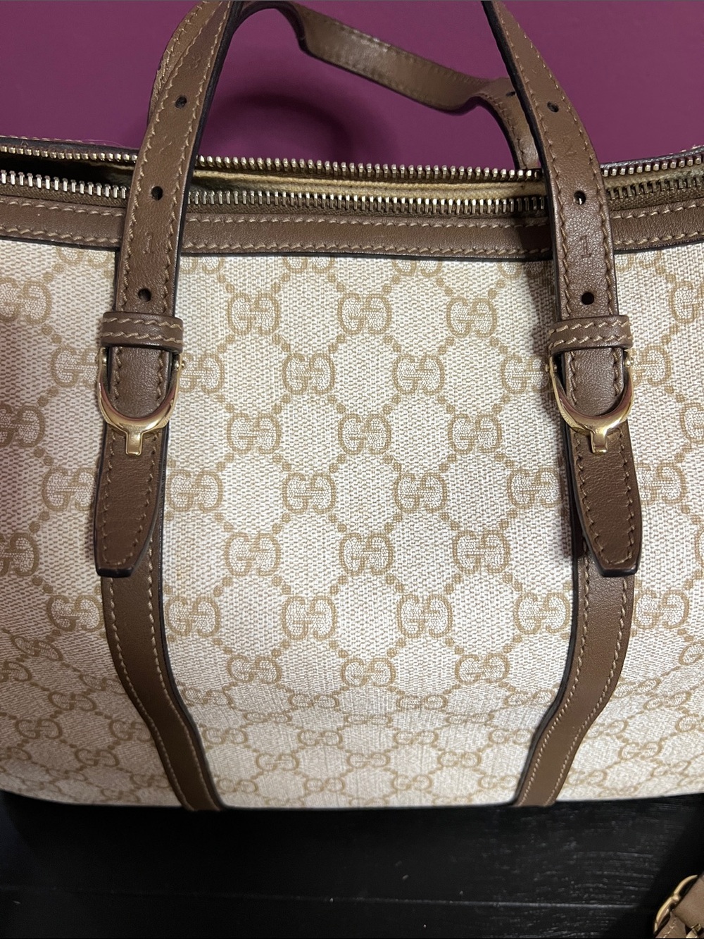 Rare !! Gucci Beige GG supreme canvas boston bag with Brown Leather Trim - Picture 4 of 16